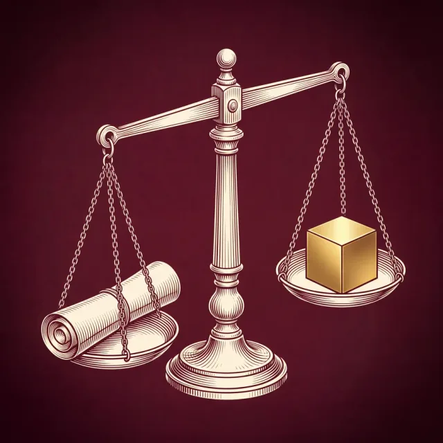 An engraving of a balance: a rolled scroll on one pan, a gold cube on the other.