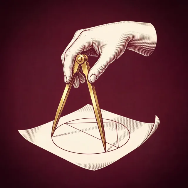 An engraving of a hand holding gold compasses over a sheet of paper.