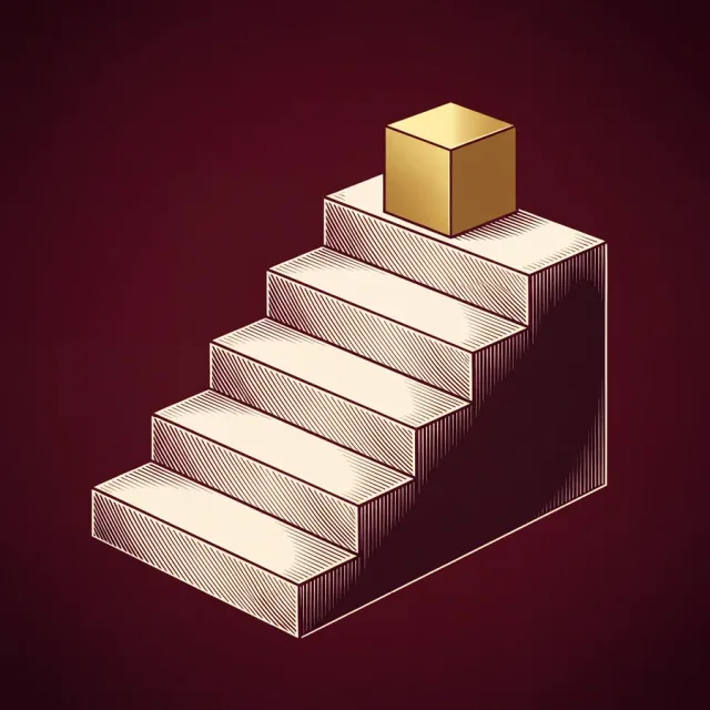 An engraving of a stone stair with a gold cube on the top step.
