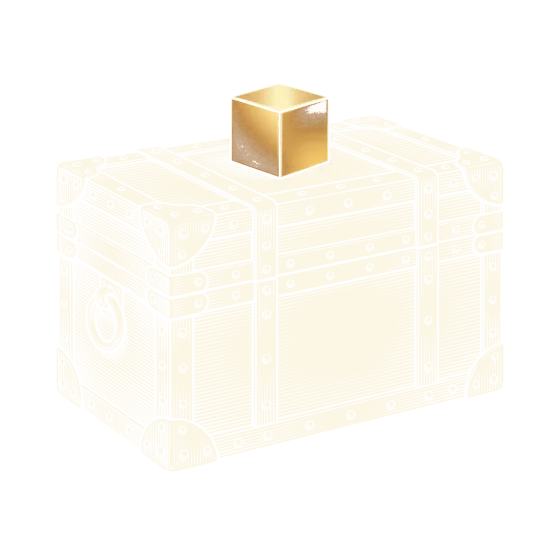 An engraving of an iron-bound strongbox with no keyhole, a gold cube on its lid.